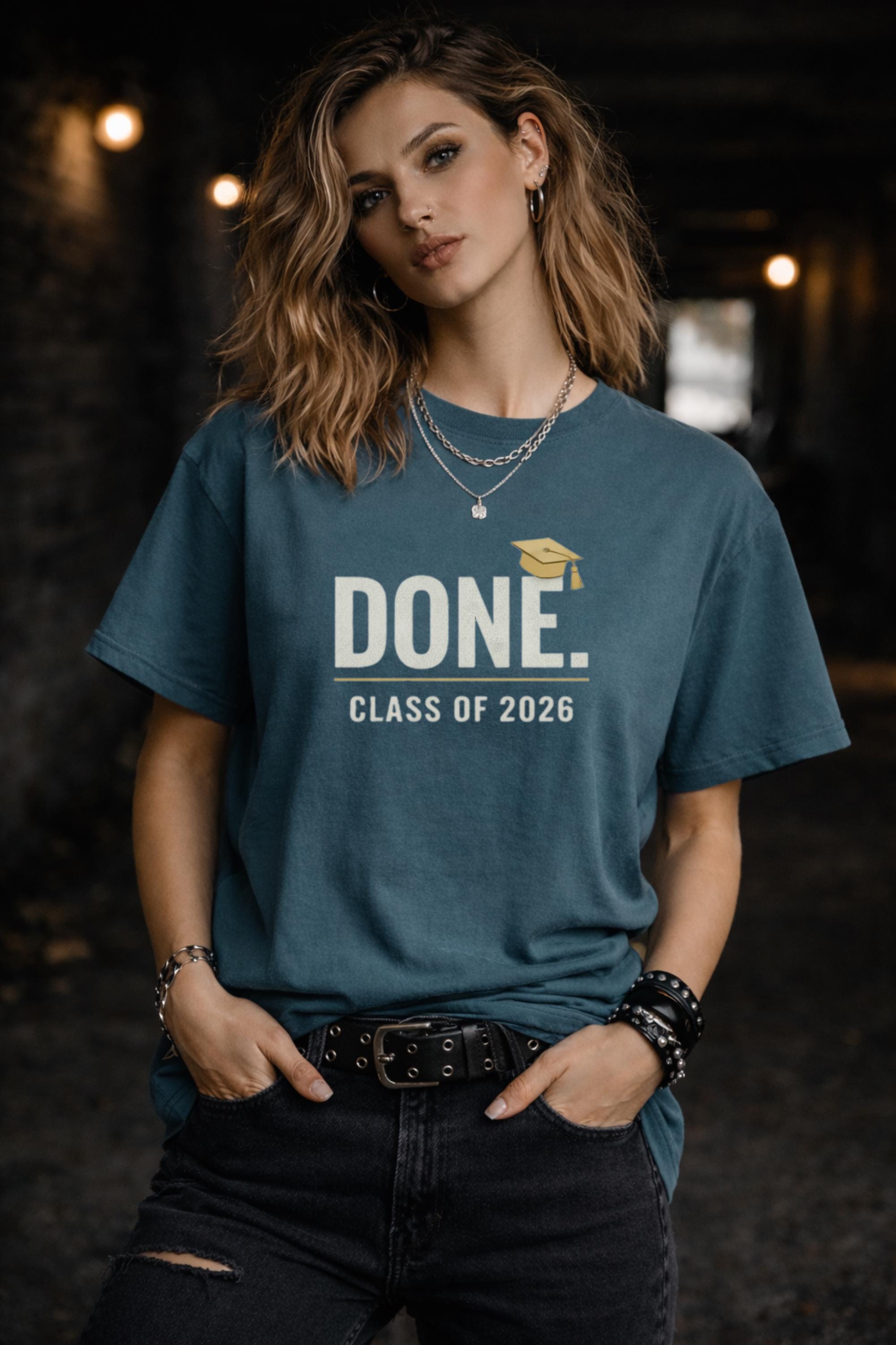 Teal graduation shirt with DONE text and cap icon Class of 2026 simple modern grad tee minimalist student design