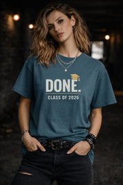 Teal graduation shirt with DONE text and cap icon Class of 2026 simple modern grad tee minimalist student design