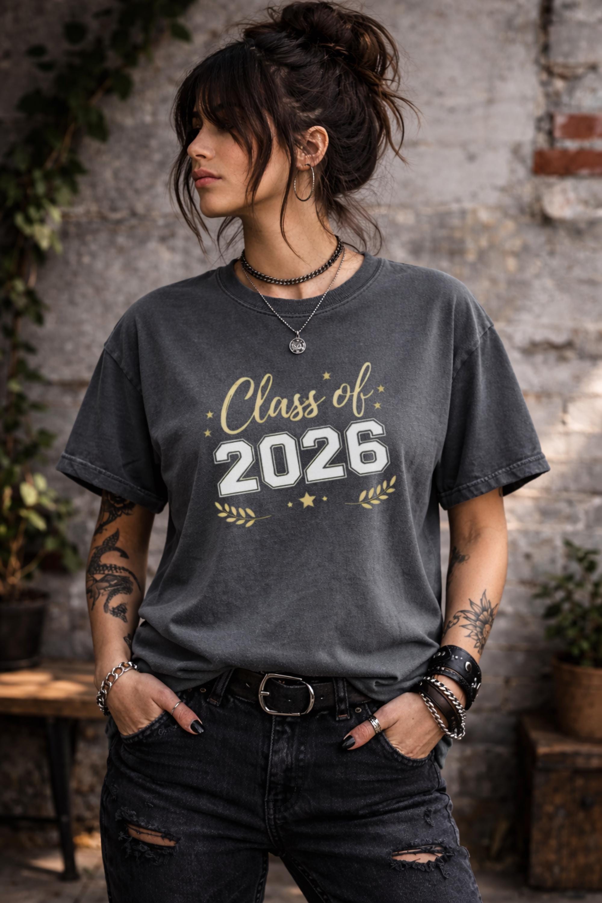 Graphite Class of 2026 shirt with classic collegiate numbers and script lettering graduation design minimalist senior style
