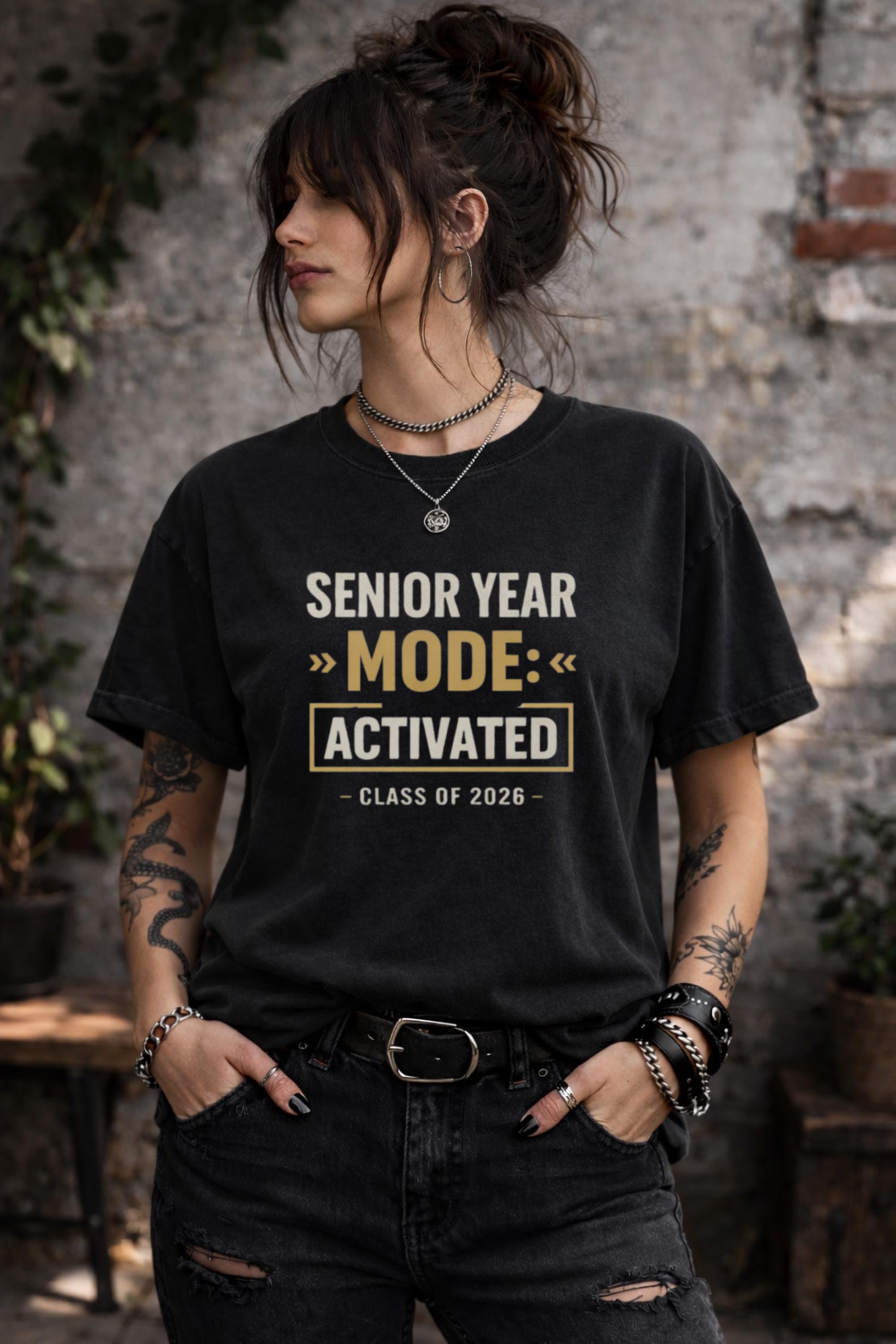 Black senior year mode activated shirt Class of 2026 gold and white typography graduation tee trendy student apparel
