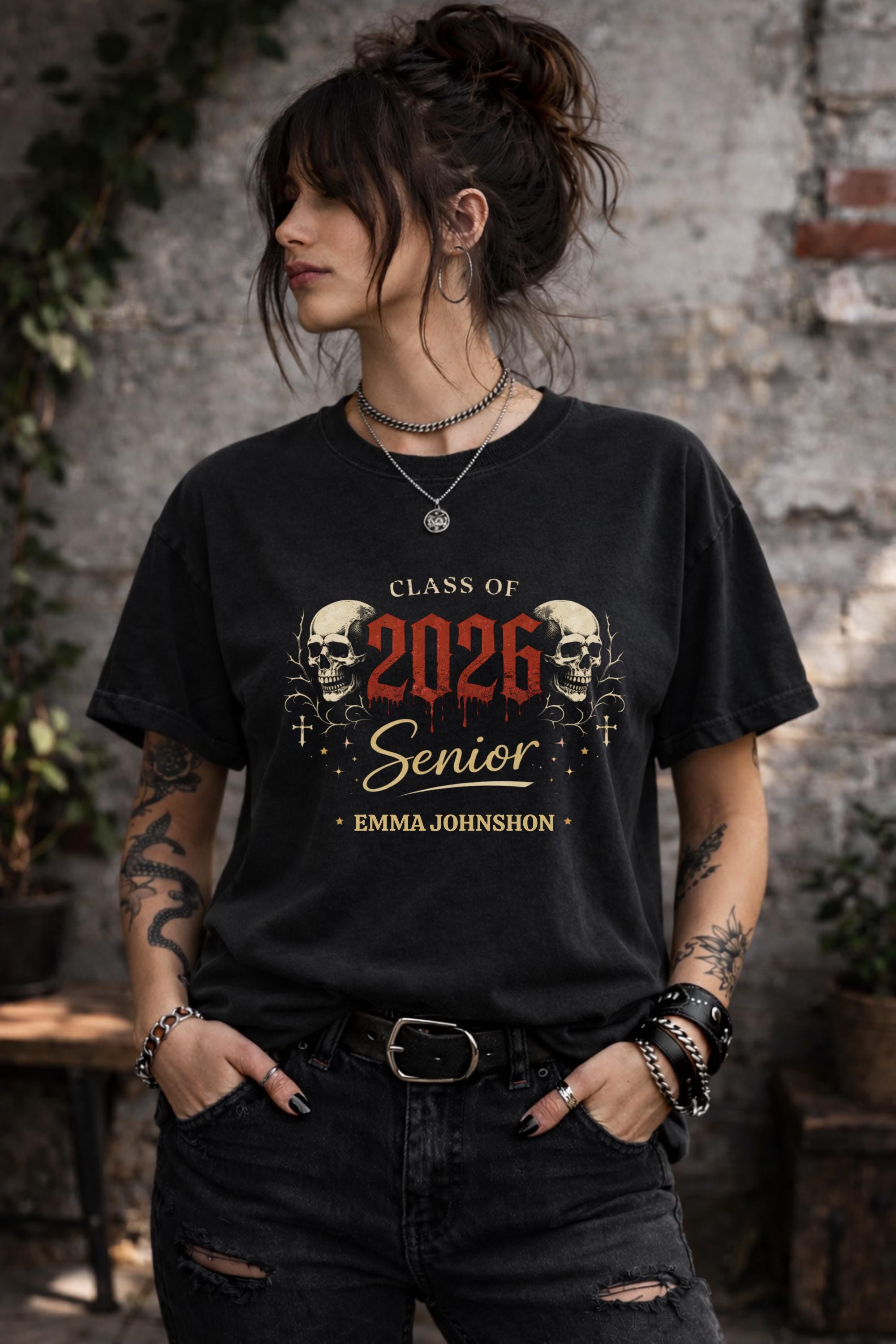 Black Comfort Colors graduation shirt with gothic skull design Class of 2026 senior graphic personalized name Emma Johnson edgy aesthetic tee
