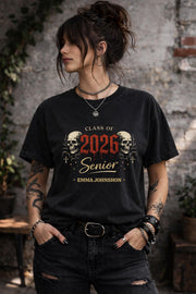 Black Comfort Colors graduation shirt with gothic skull design Class of 2026 senior graphic personalized name Emma Johnson edgy aesthetic tee