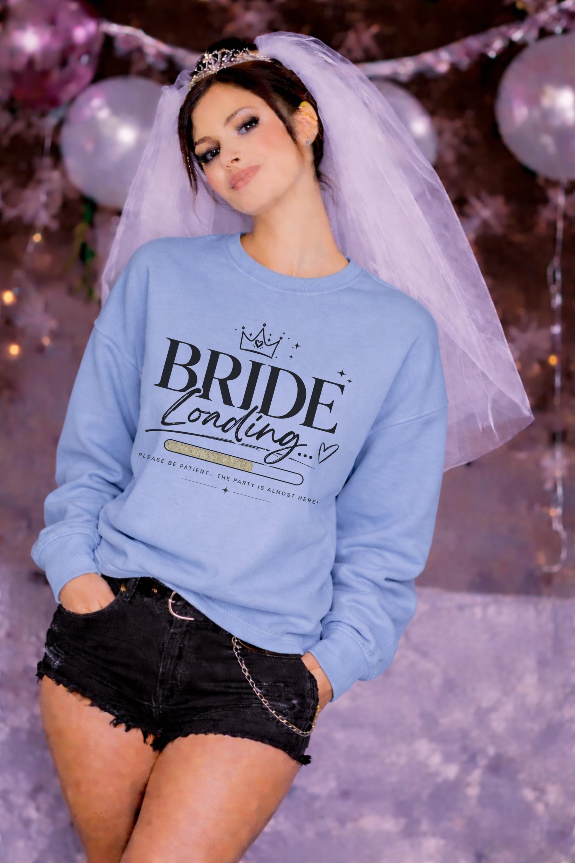 Funny bride loading Sweater with progress bar design, Chambray Comfort Color Sweatshirt bachelorette party outfit for bride