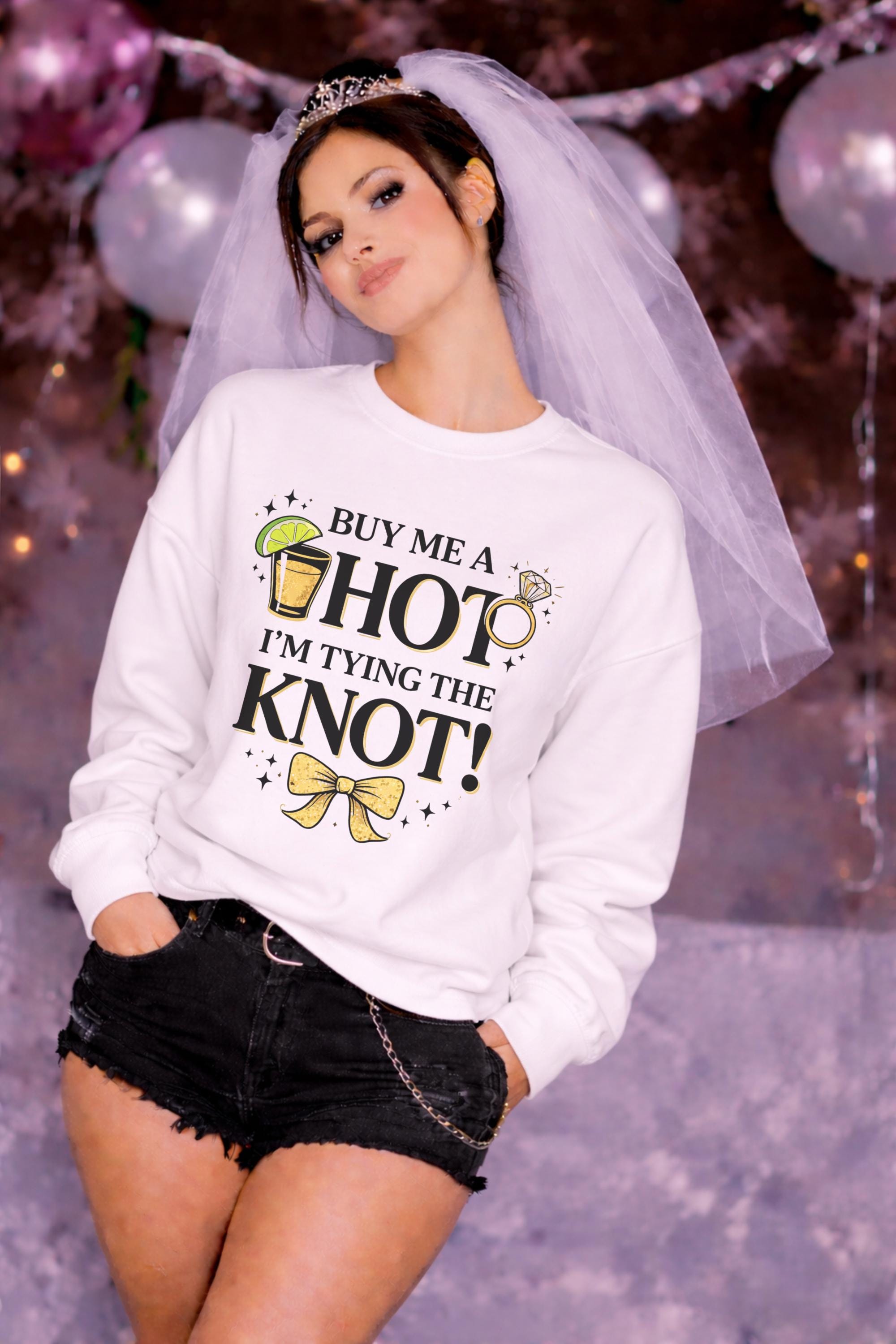 Buy me a shot I’m tying the knot sweatshirt, bride wearing white Comfort Colors sweater with cocktail graphic, bachelorette party outfit