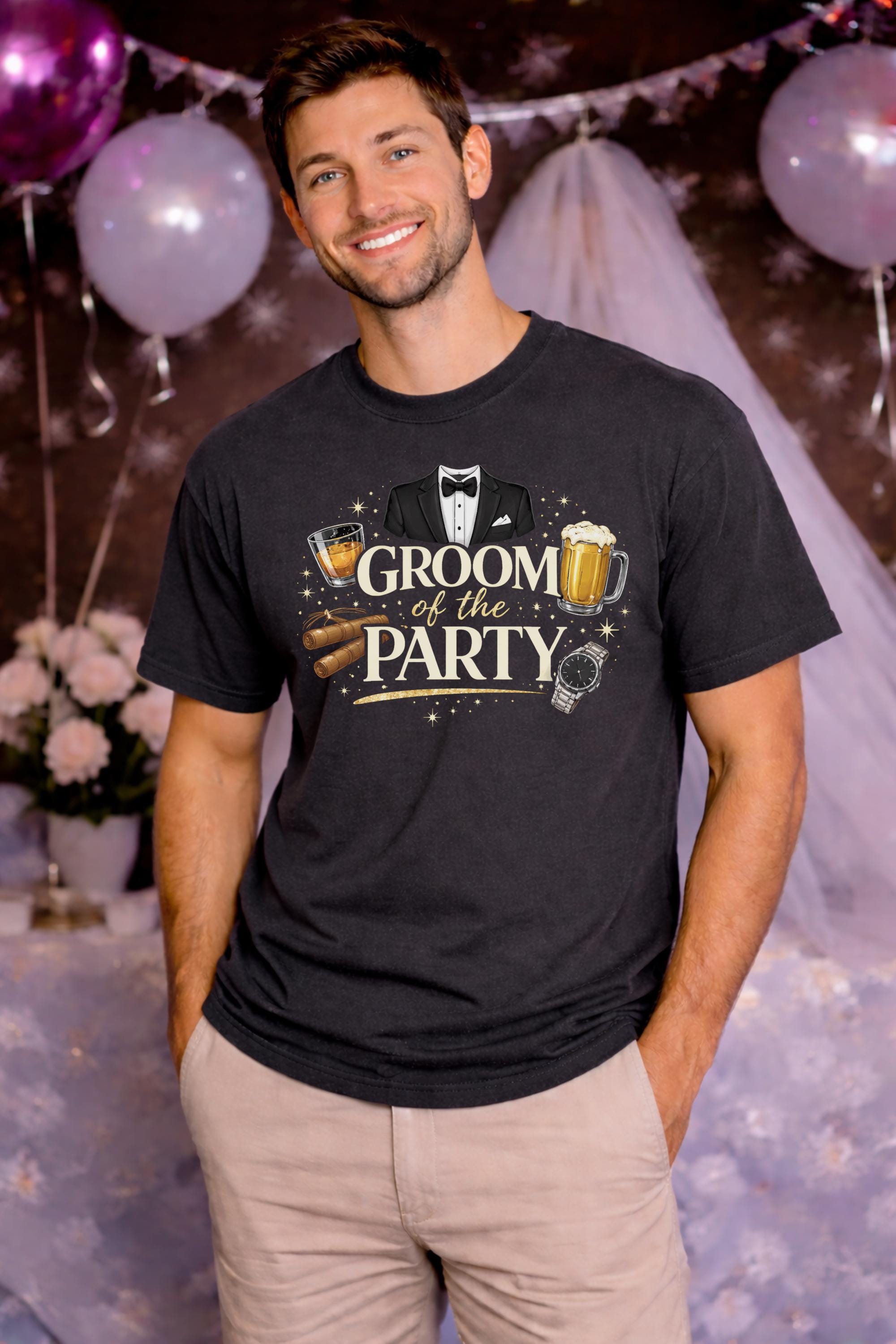 Groom of the party bachelor shirt, man wearing black t-shirt with whiskey, beer, cigar and tuxedo graphic, groom outfit idea