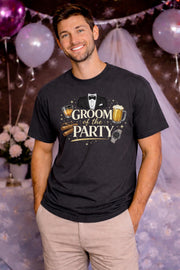 Groom of the party bachelor shirt, man wearing black t-shirt with whiskey, beer, cigar and tuxedo graphic, groom outfit idea
