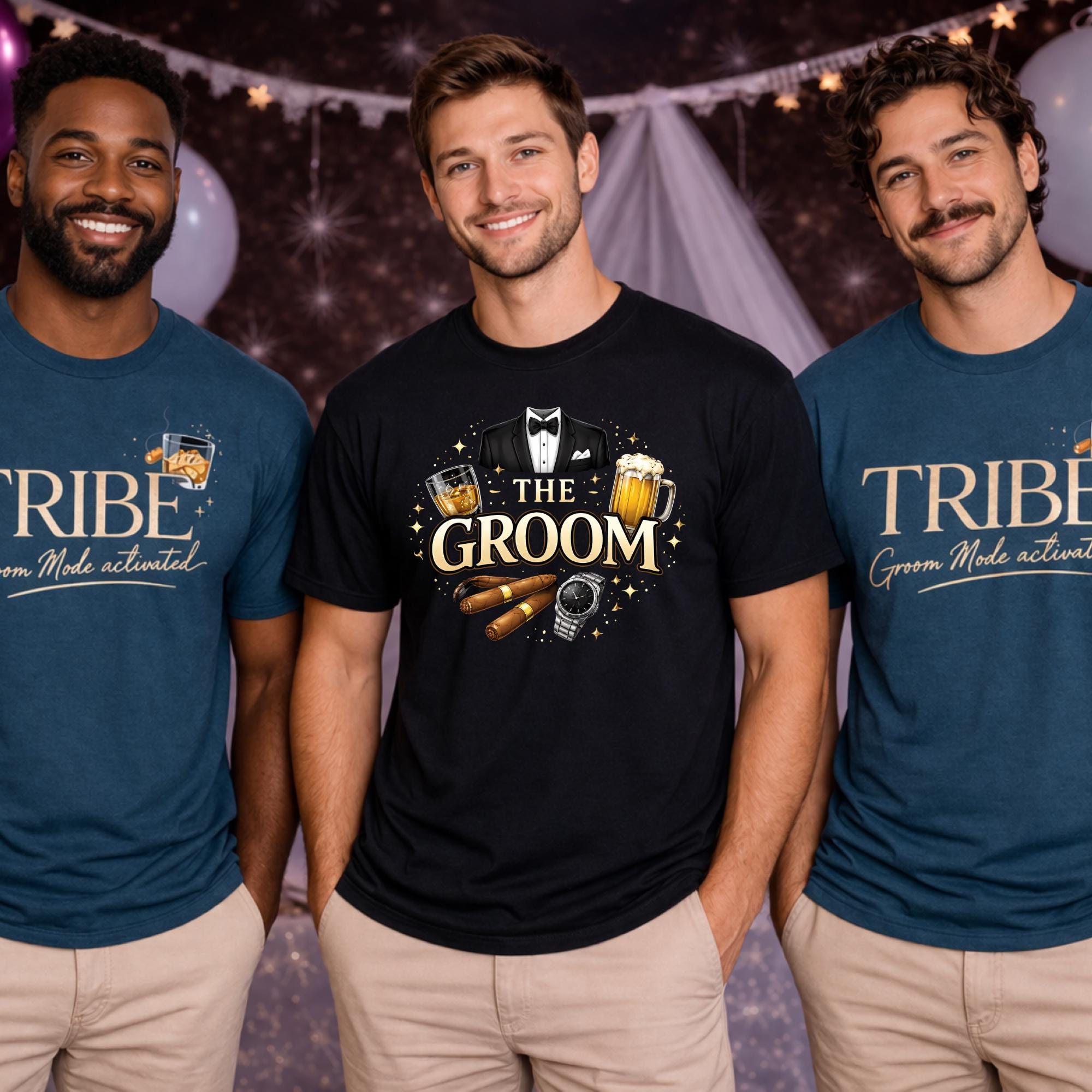Groom and groomsmen bachelor party shirts mockup, men wearing “The Groom,” “Groom’s Tribe,” and “The Groom” shirts with whiskey, cigar, and tuxedo graphics, wedding party outfit idea