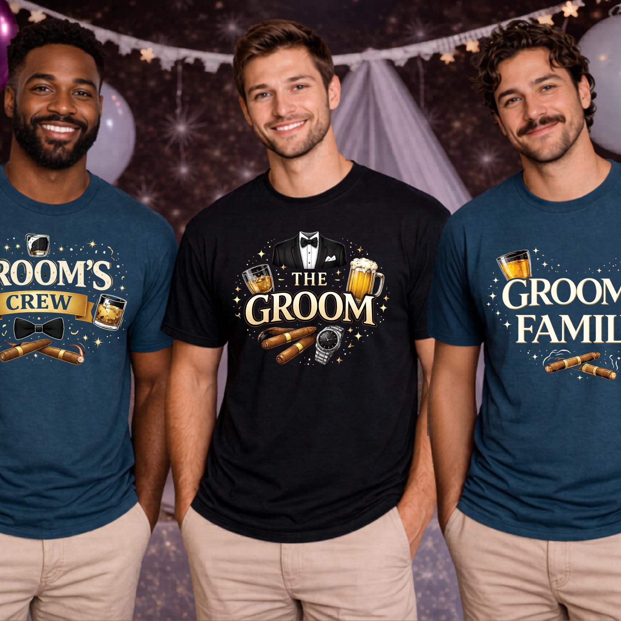 Groom and groomsmen bachelor party shirts mockup, men wearing “The Groom,” “Groom’s Crew,” and “Groom Family” shirts with whiskey, cigar, and tuxedo graphics, wedding party outfit idea