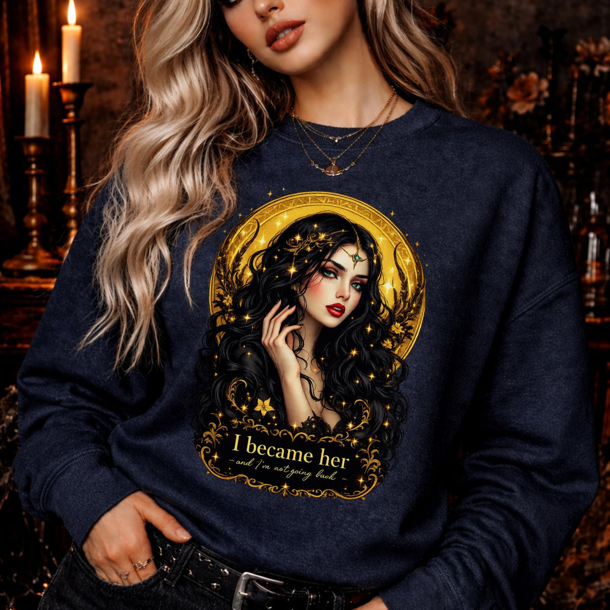 woman wearing black gildan 18000 crewneck sweatshirt with gothic dark feminine celestial design