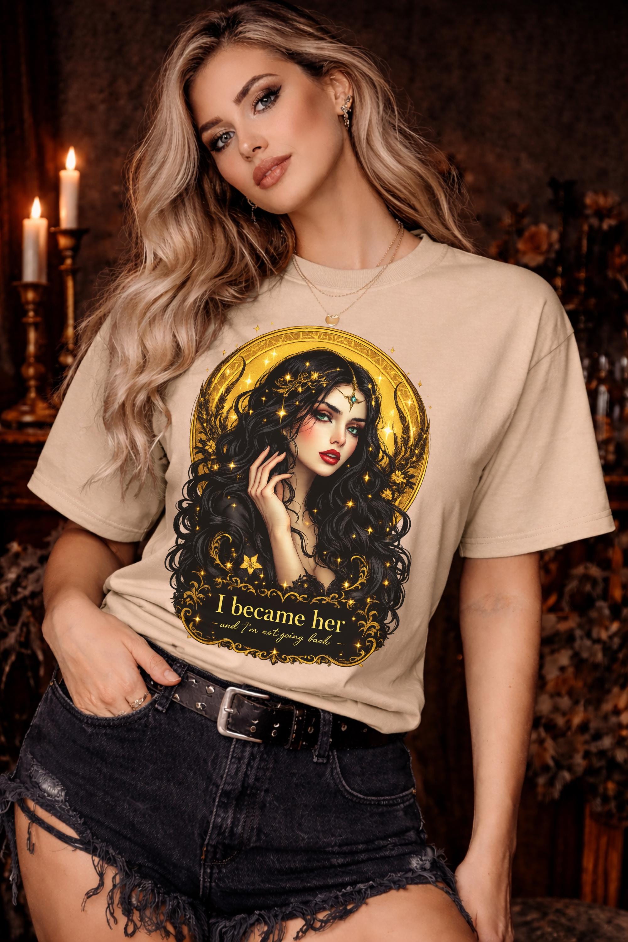 woman wearing Gildan 5000 gothic graphic t shirt with dark feminine celestial design in black aesthetic style