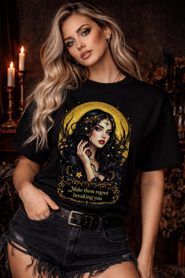 woman wearing Gildan 5000 gothic graphic t shirt with dark feminine celestial design in black aesthetic style