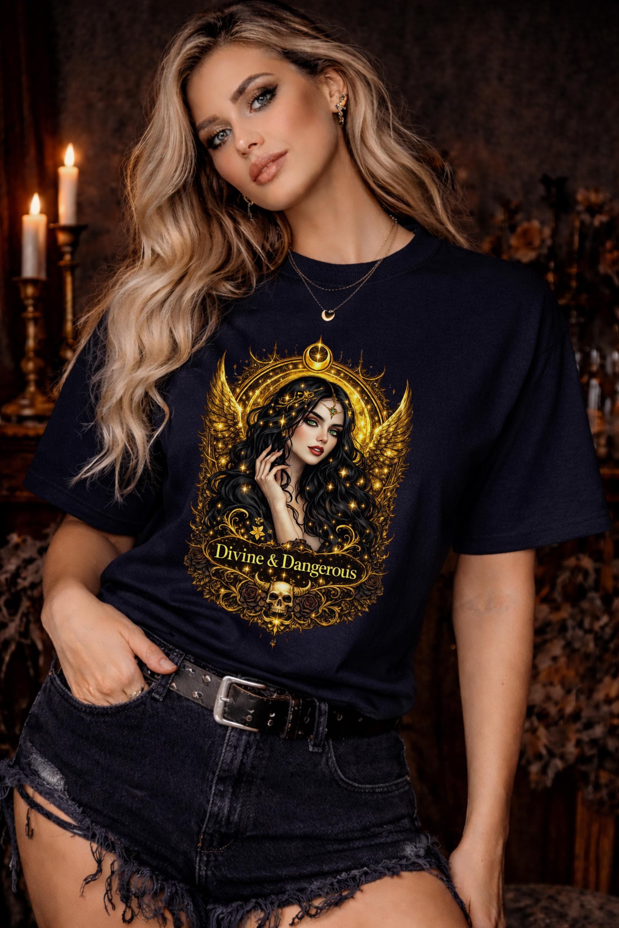 woman wearing Gildan 5000 gothic graphic t shirt with dark feminine celestial design in black aesthetic style