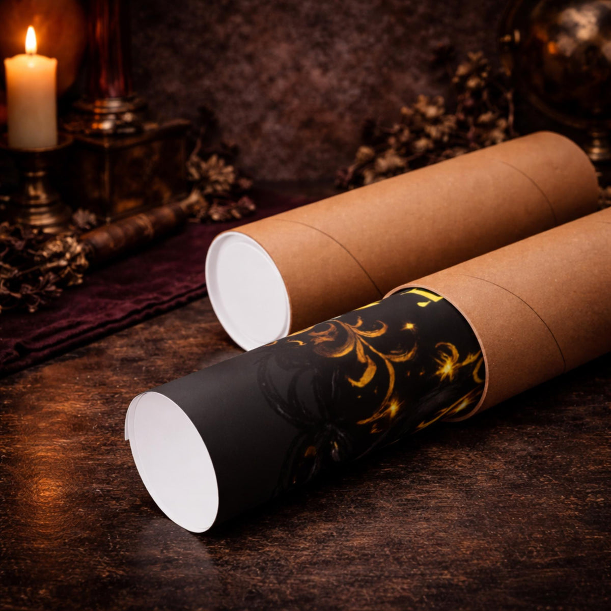 Rolled matte poster partially inside a protective kraft tube, showing secure packaging for safe shipping in a dark aesthetic setting.