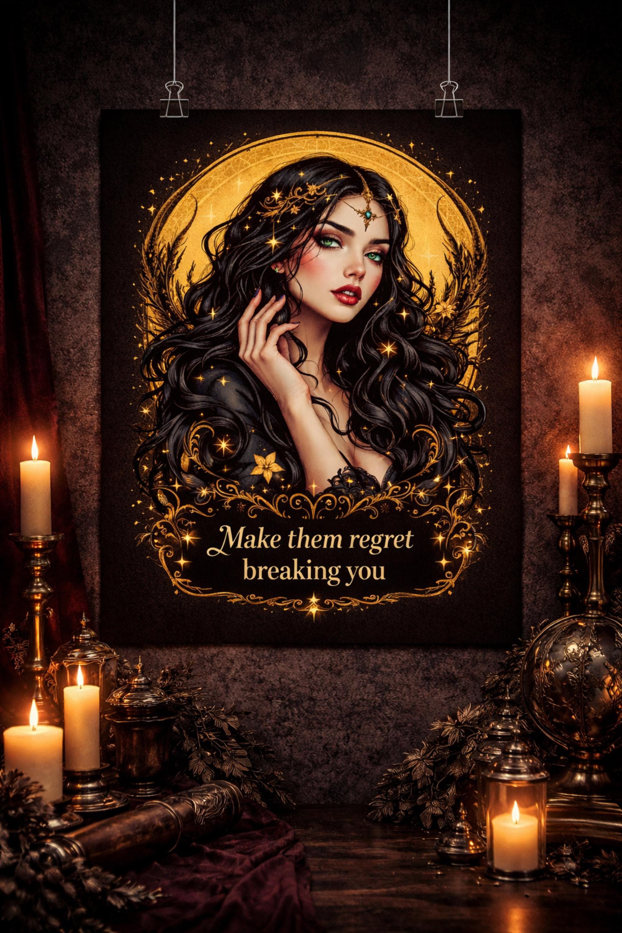 Matte poster featuring a dark feminine portrait with gold celestial halo and ornate gothic details, with the quote “Make them regret breaking you” on a black background.