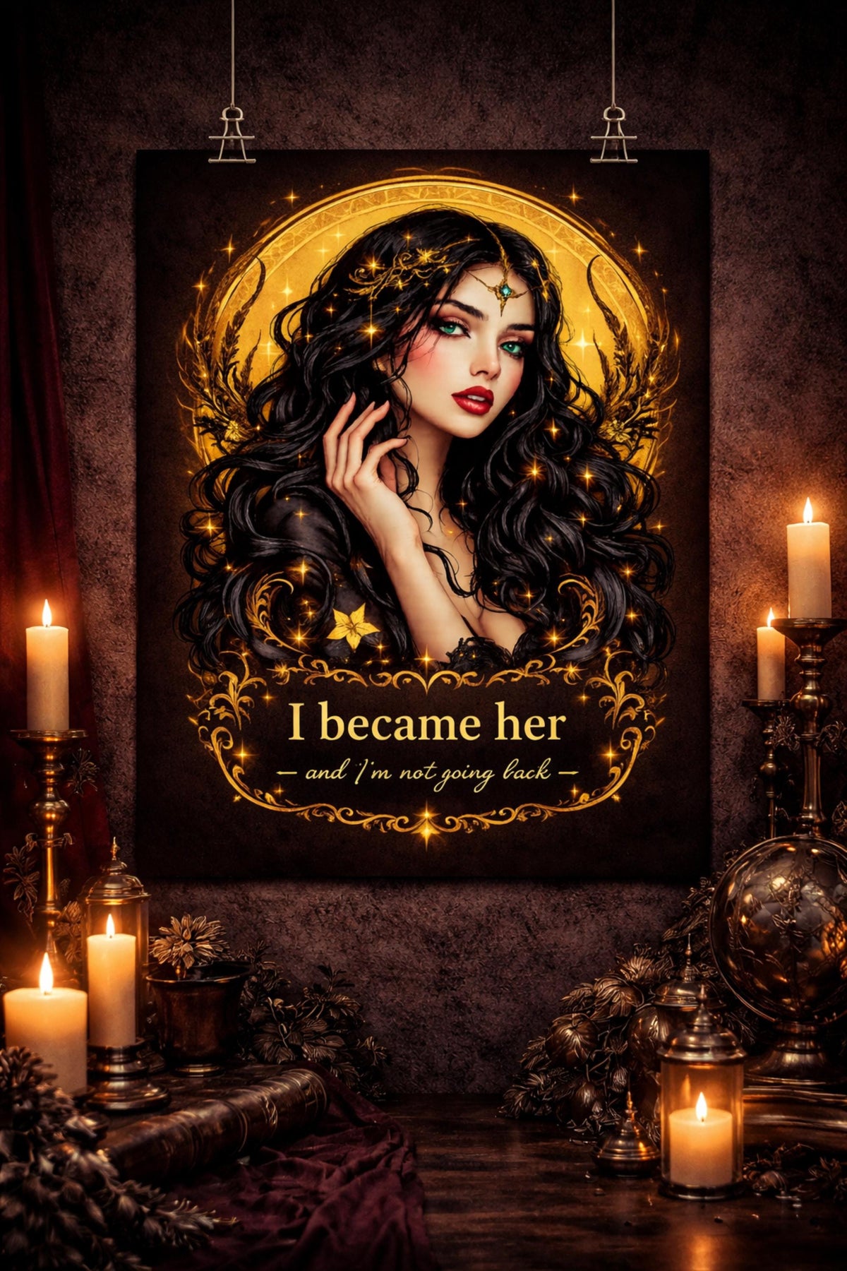 Matte poster featuring a dark feminine portrait with gold celestial halo and ornate gothic details, with the quote “I became her and I’m not going back” on a black background.