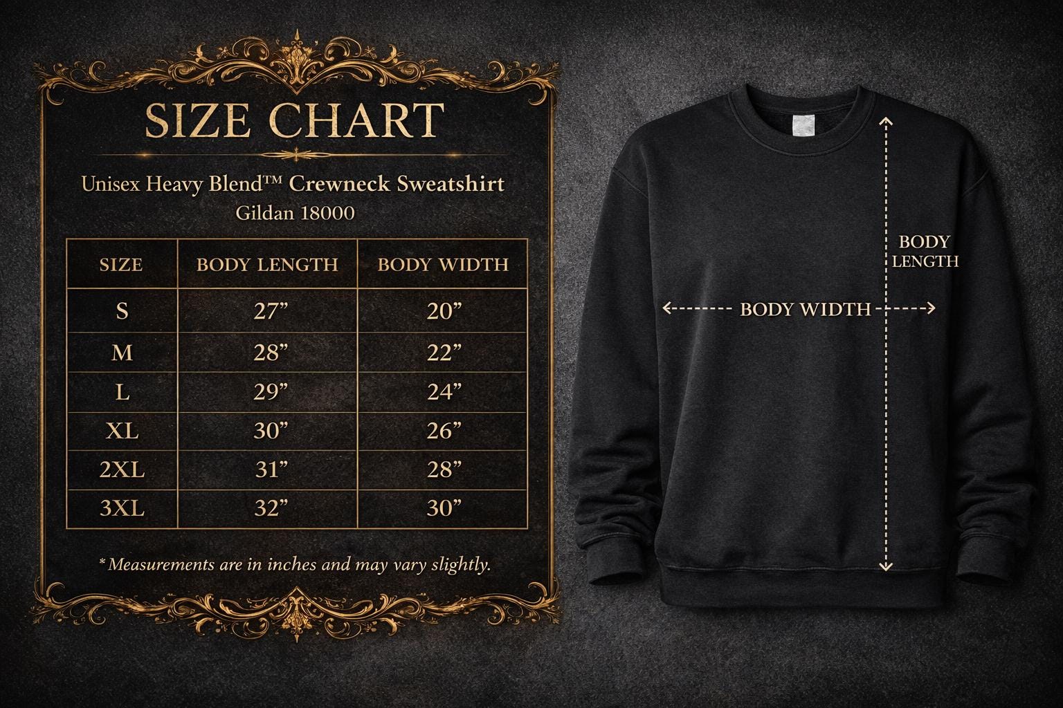 Sweatshirt size chart for Gildan 18000 with width and length dimensions to help choose the right fit