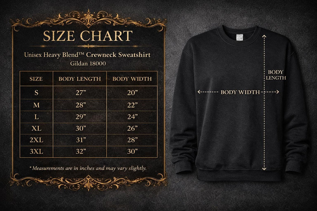 Sweatshirt size chart for Gildan 18000 with width and length dimensions to help choose the right fit
