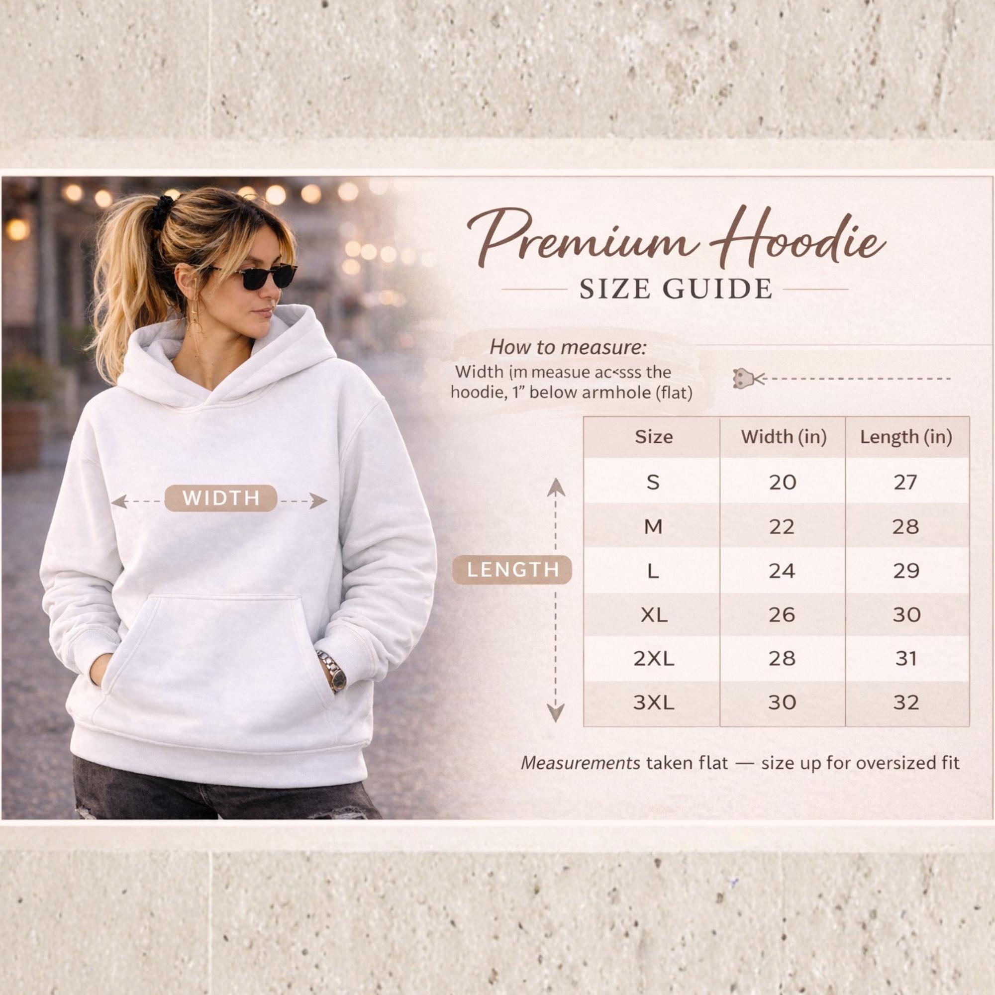 Premium Pullover Hoodie size guide showing width and length measurements for Cotton Heritage M2580 hoodie with sizing chart from S to 3XL and model wearing white hoodie
