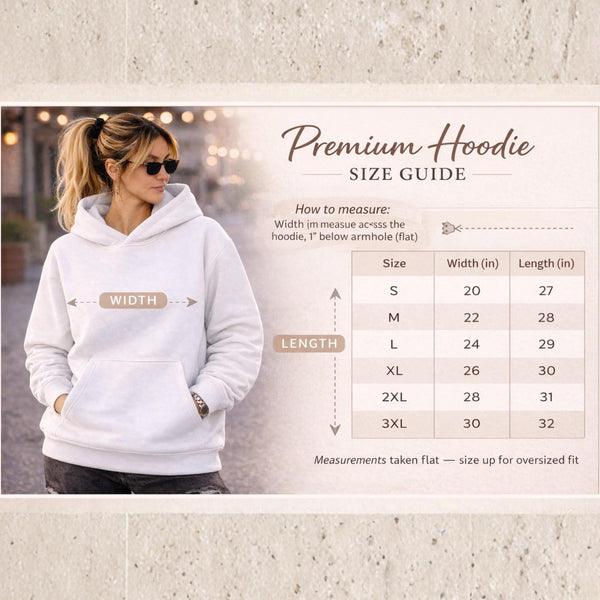 Premium Pullover Hoodie size guide showing width and length measurements for Cotton Heritage M2580 hoodie with sizing chart from S to 3XL and model wearing white hoodie