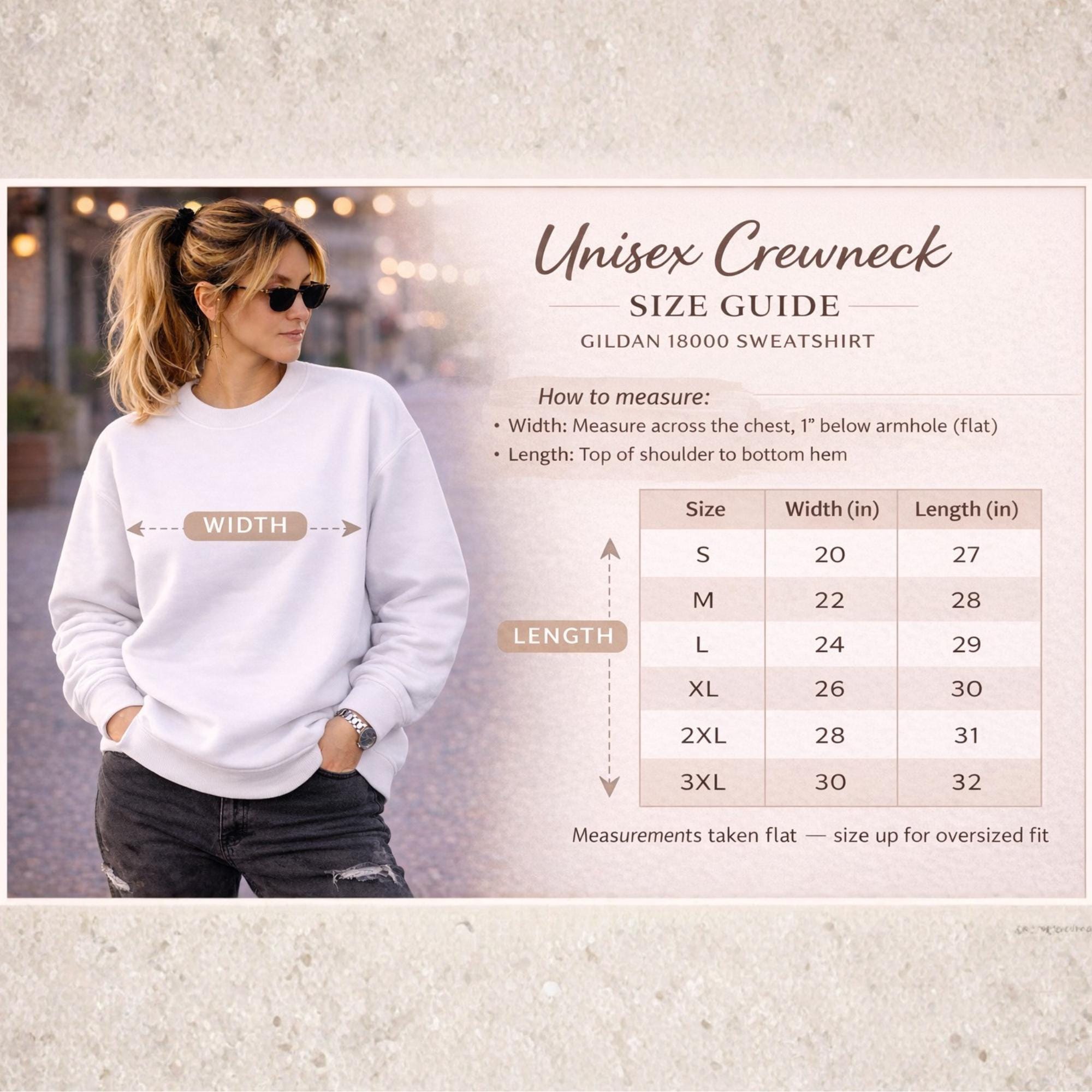 Gildan 18000 crewneck sweatshirt size chart with model reference, measurements for width and length, and sizing guide for unisex fit