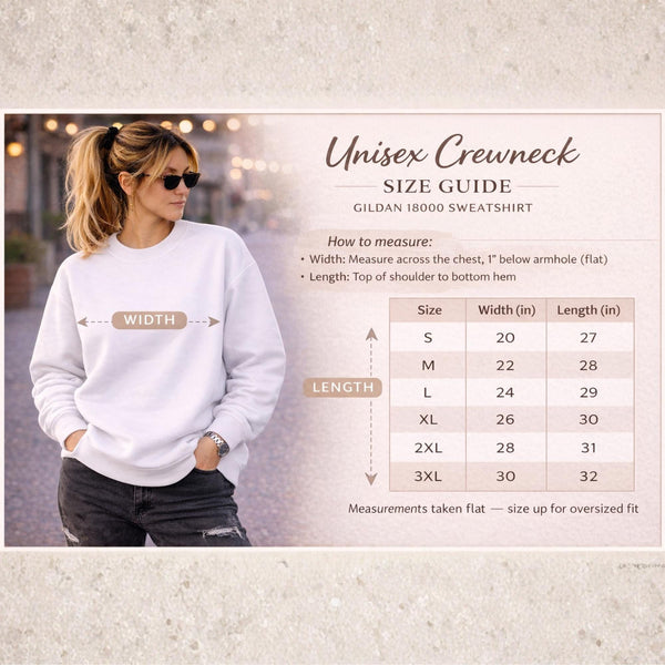 Gildan 18000 crewneck sweatshirt size chart with model reference, measurements for width and length, and sizing guide for unisex fit