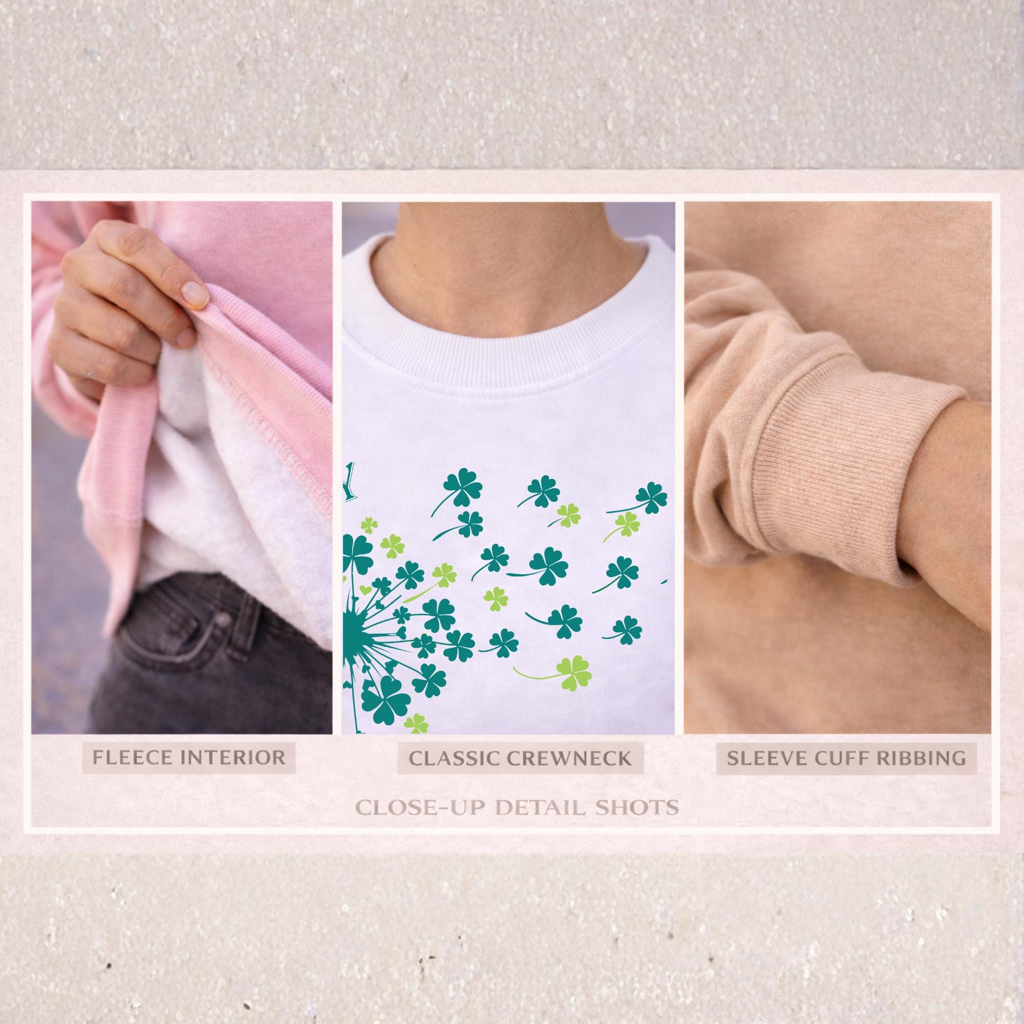 Close-up details of crewneck sweatshirt including soft fleece interior, ribbed neckline, and sleeve cuff fabric texture in pink, white, and sand