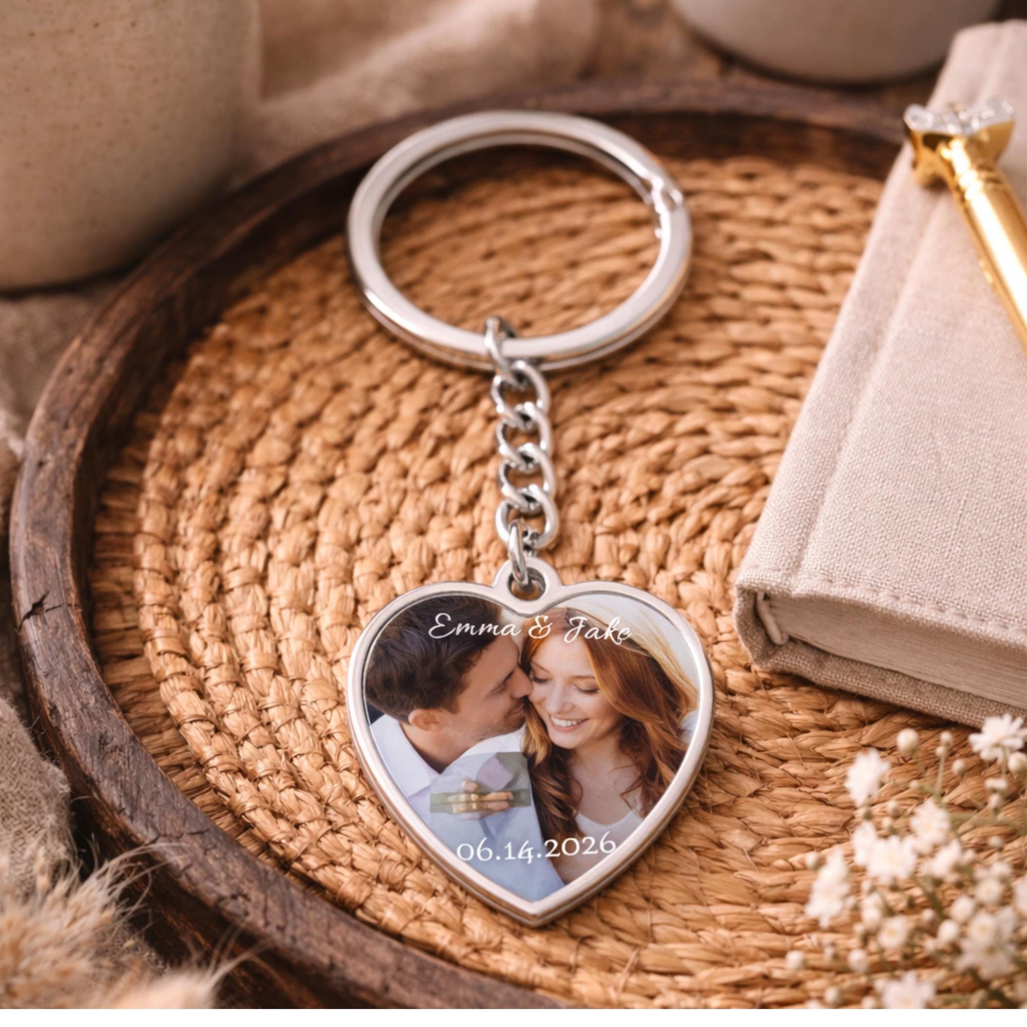 Personalized heart photo keychain with couple image and custom names and date