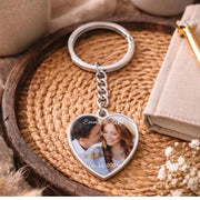 Personalized heart photo keychain with couple image and custom names and date