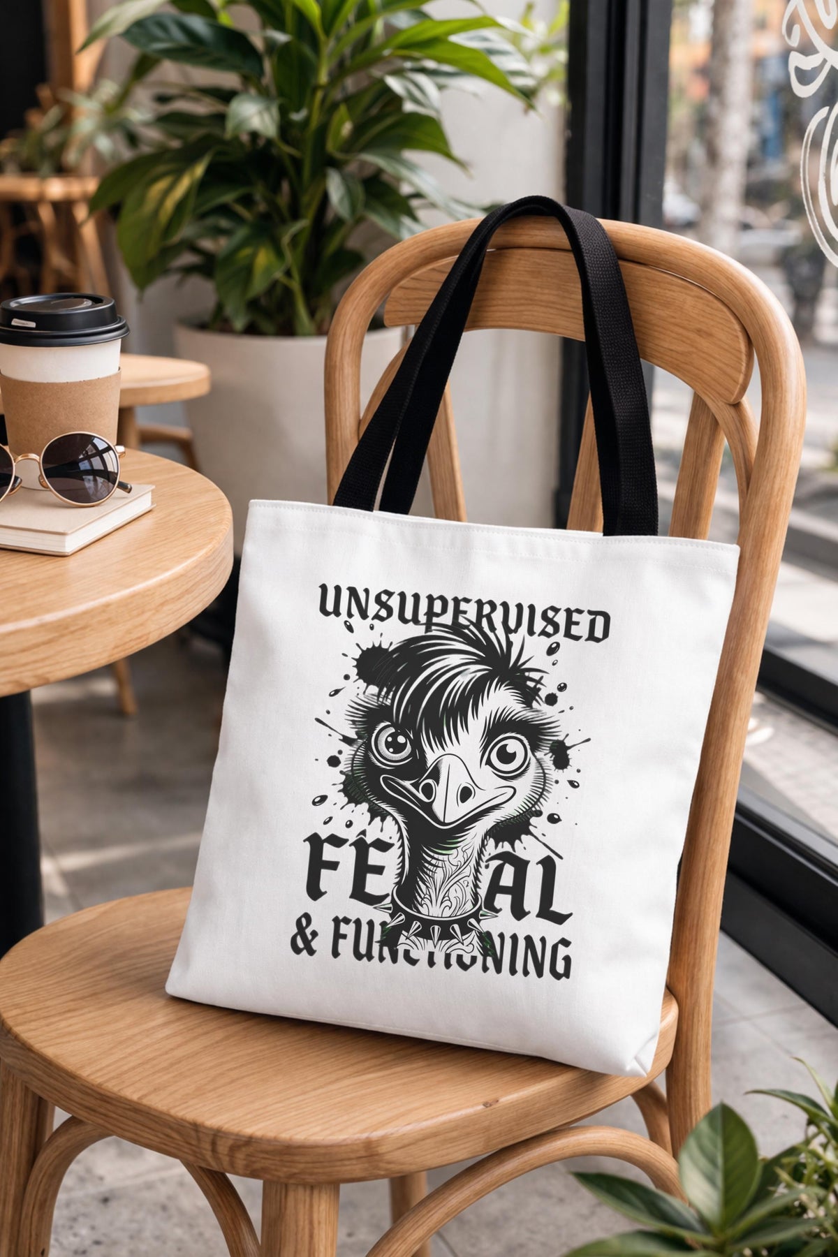 sarcastic quote tote bag on a chair with trendy edgy text design