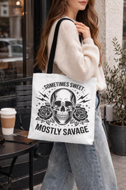 skull tote bag with roses and edgy gothic illustration