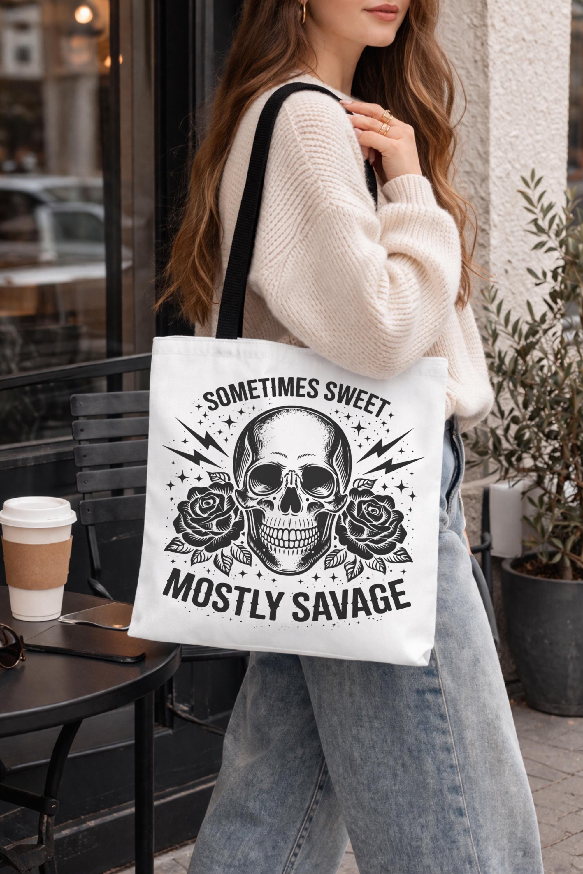 skull tote bag with roses and edgy gothic illustration