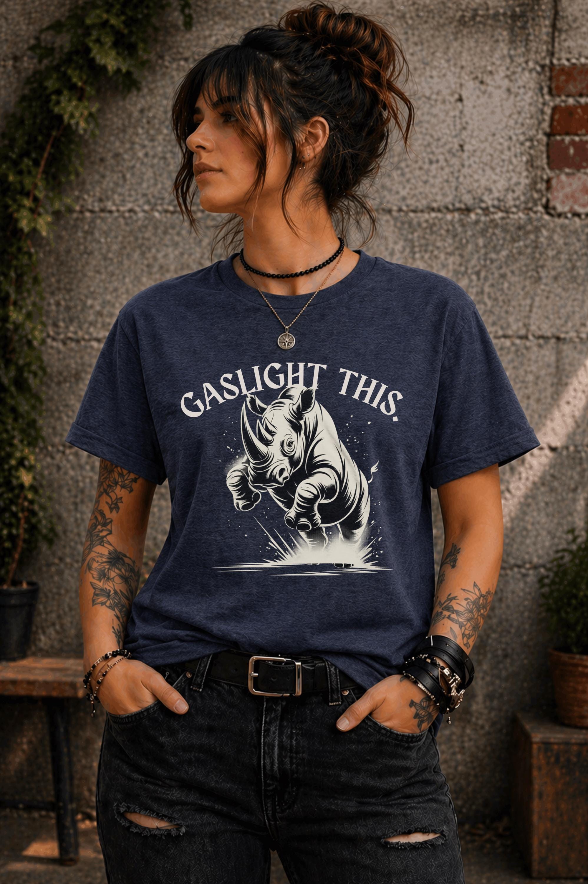 Edgy woman model in ripped jeans wearing funny gaslight this slogan shirt lifestyle mockup
