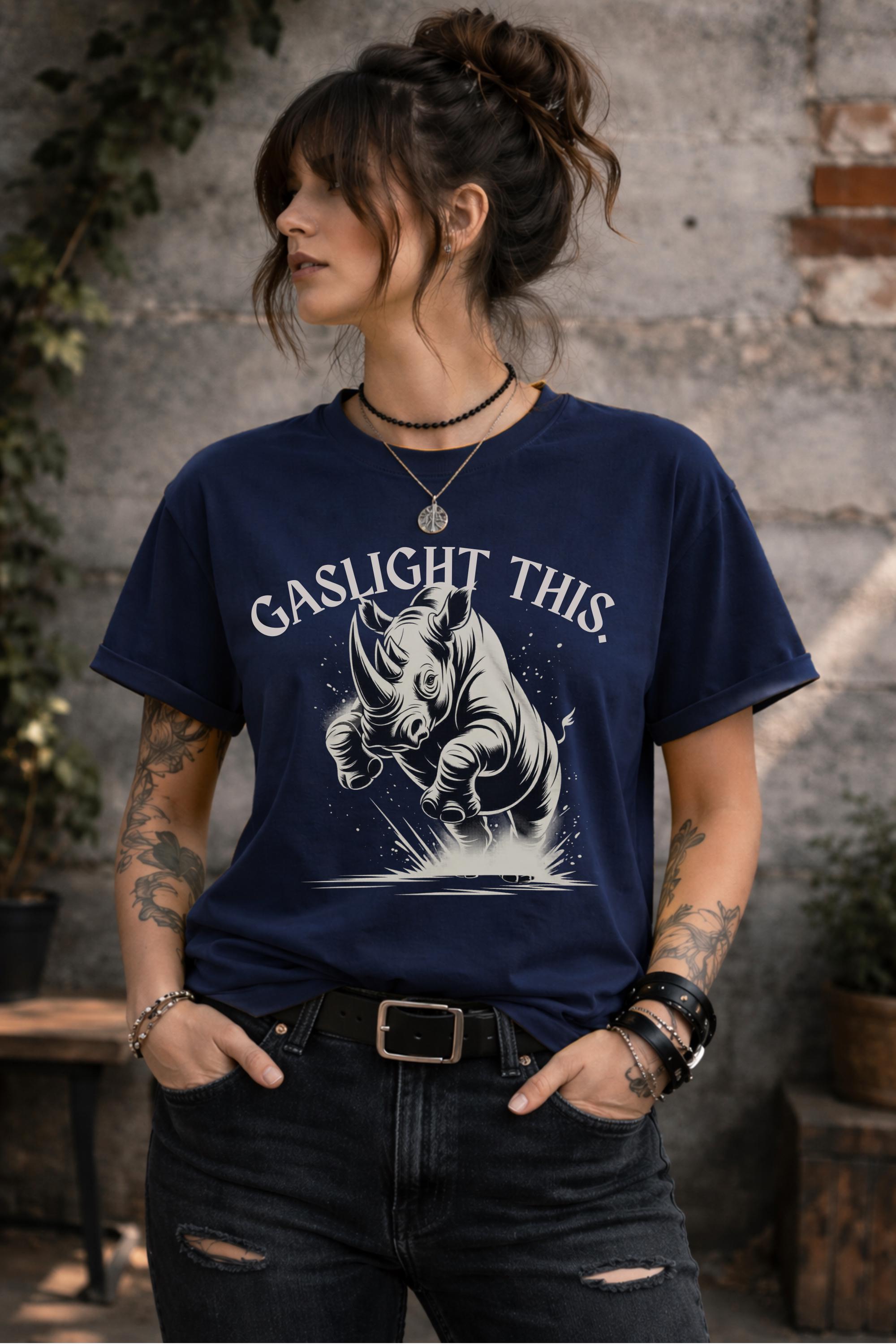 Edgy woman model in ripped jeans wearing funny gaslight this slogan shirt lifestyle mockup