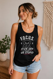 Trendy rude humor Tank Top with bold white print and cat artwork on dark shirt