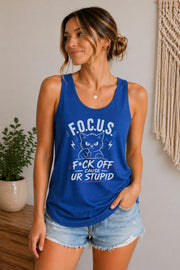 Trendy rude humor Tank Top with bold white print and cat artwork on dark shirt