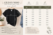 Gildan 5000 t shirt size chart showing chest width length and sleeve measurements for unisex heavy cotton tee