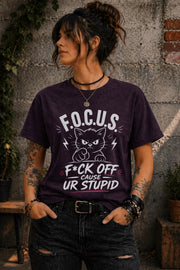 Edgy woman in ripped jeans wearing humorous cat shirt lifestyle mockup