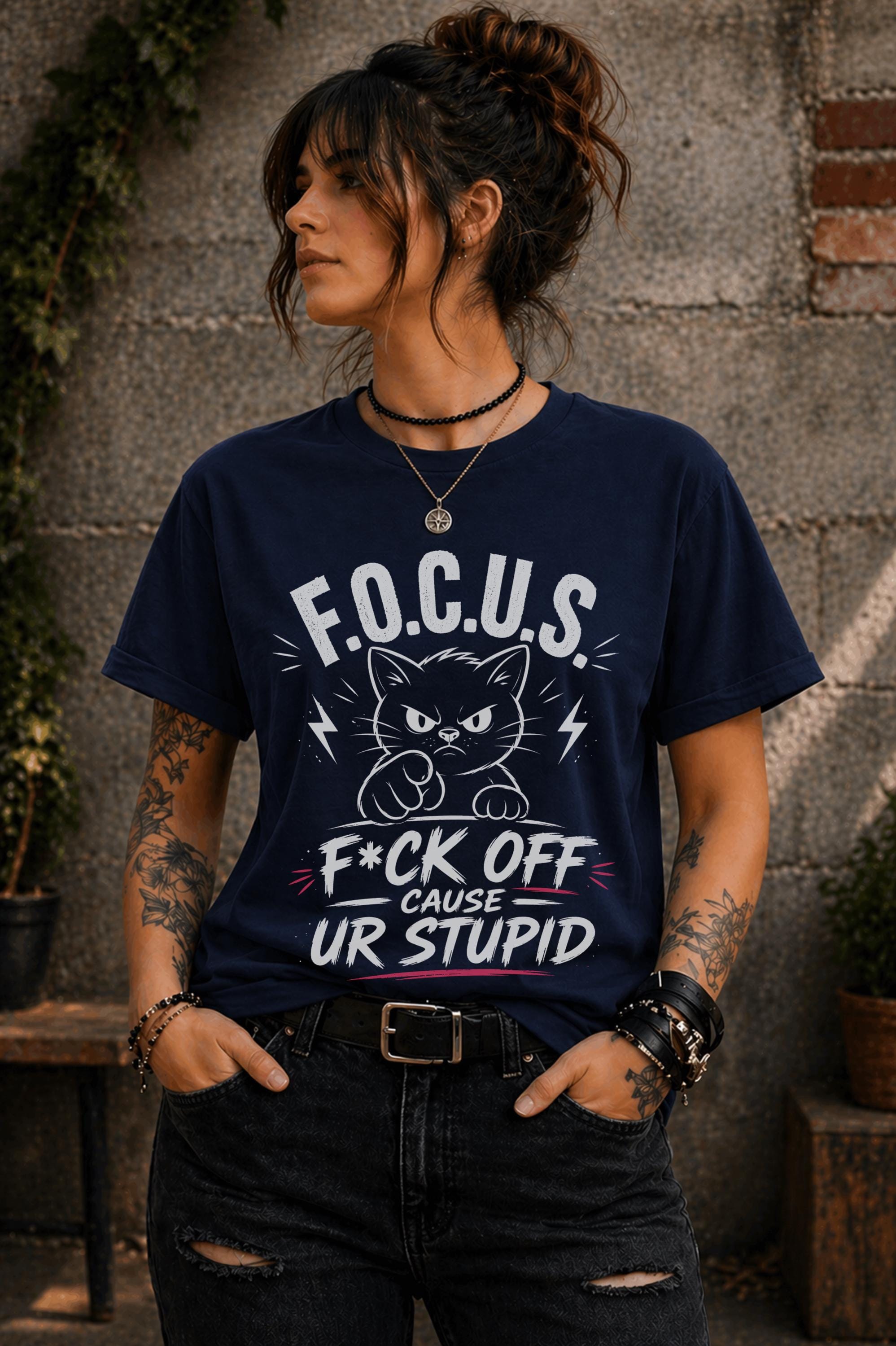 Edgy woman in ripped jeans wearing humorous cat shirt lifestyle mockup