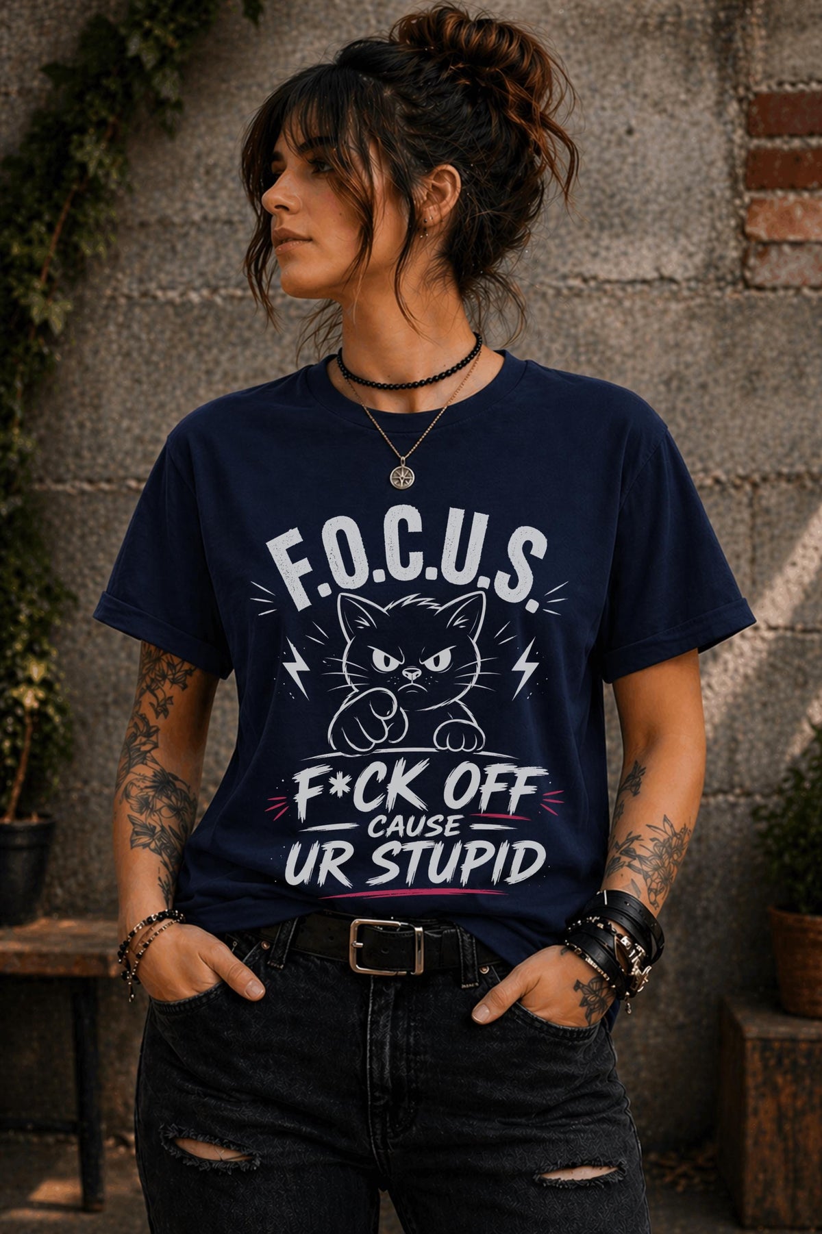 Edgy woman in ripped jeans wearing humorous cat shirt lifestyle mockup