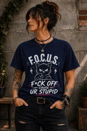 Edgy woman in ripped jeans wearing humorous cat shirt lifestyle mockup