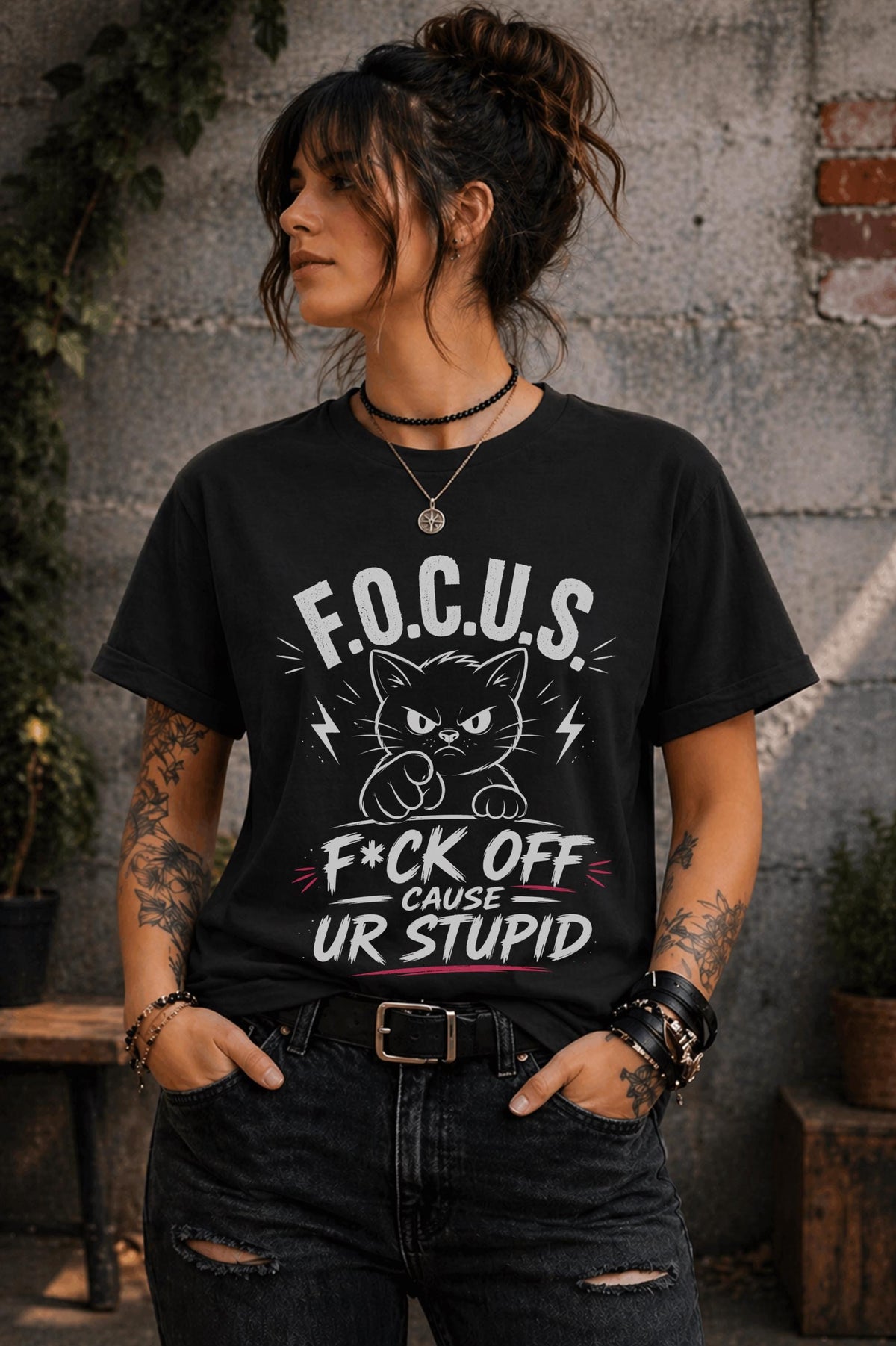 Edgy woman in ripped jeans wearing humorous cat shirt lifestyle mockup