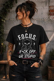 Edgy woman in ripped jeans wearing humorous cat shirt lifestyle mockup