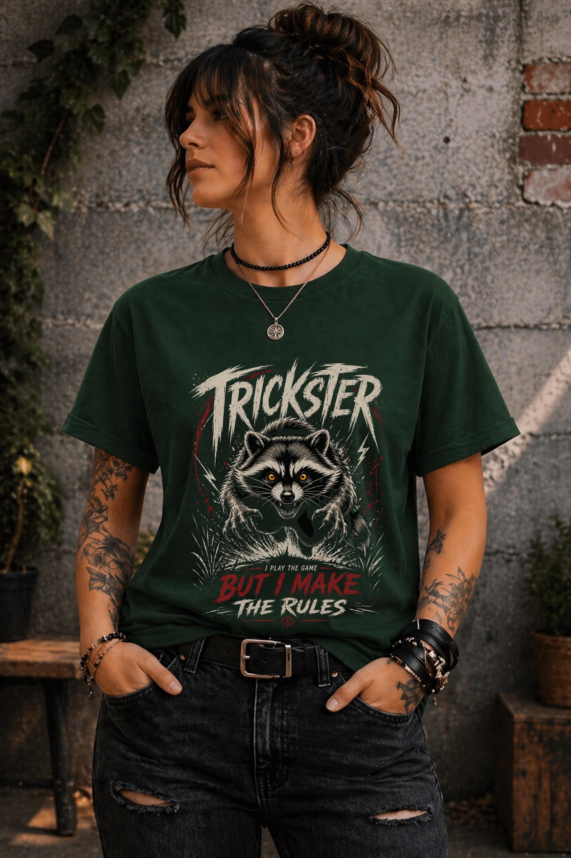 Trendy edgy graphic t-shirt with bold statement text and raccoon artwork