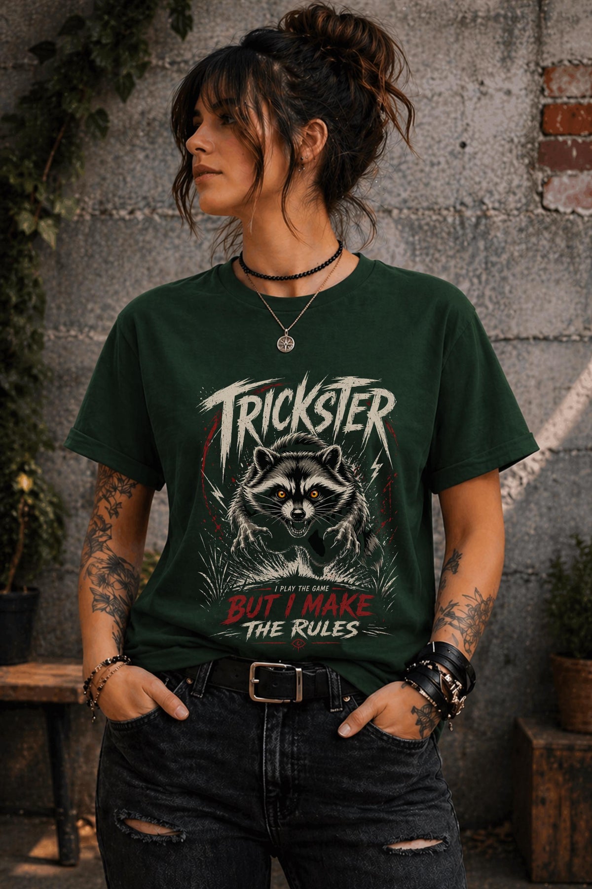 Trendy edgy graphic t-shirt with bold statement text and raccoon artwork