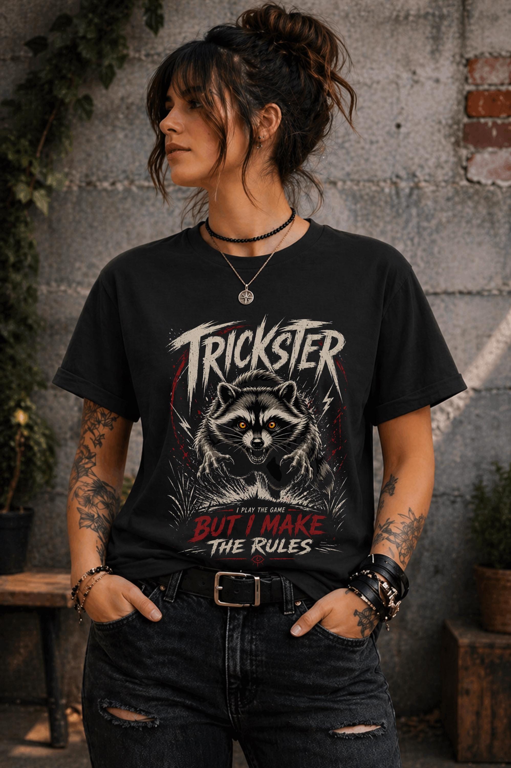 Trendy edgy graphic t-shirt with bold statement text and raccoon artwork