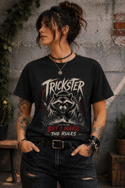 Trendy edgy graphic t-shirt with bold statement text and raccoon artwork