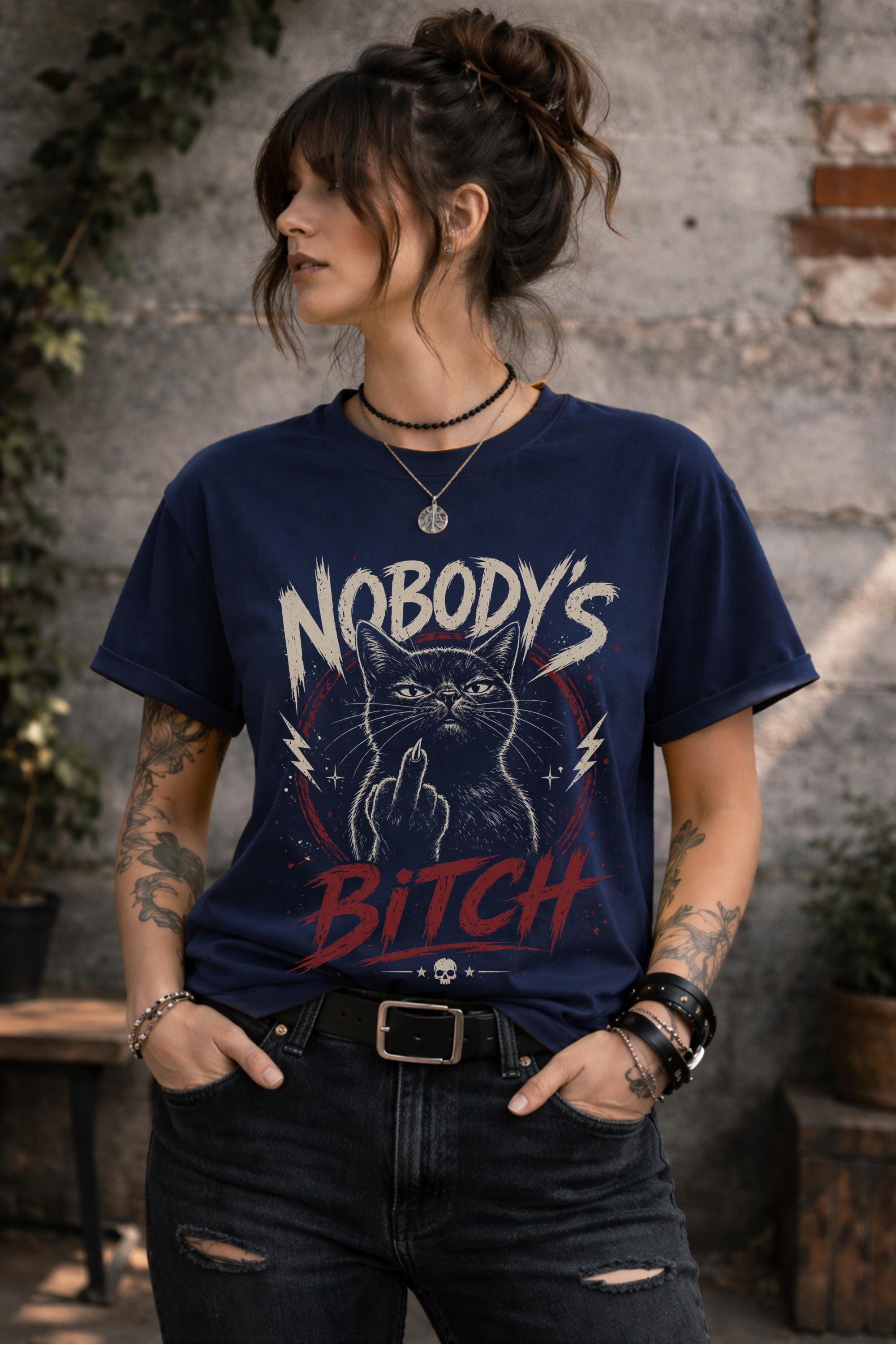Close up of edgy cat illustration flipping off with bold text on dark shirt