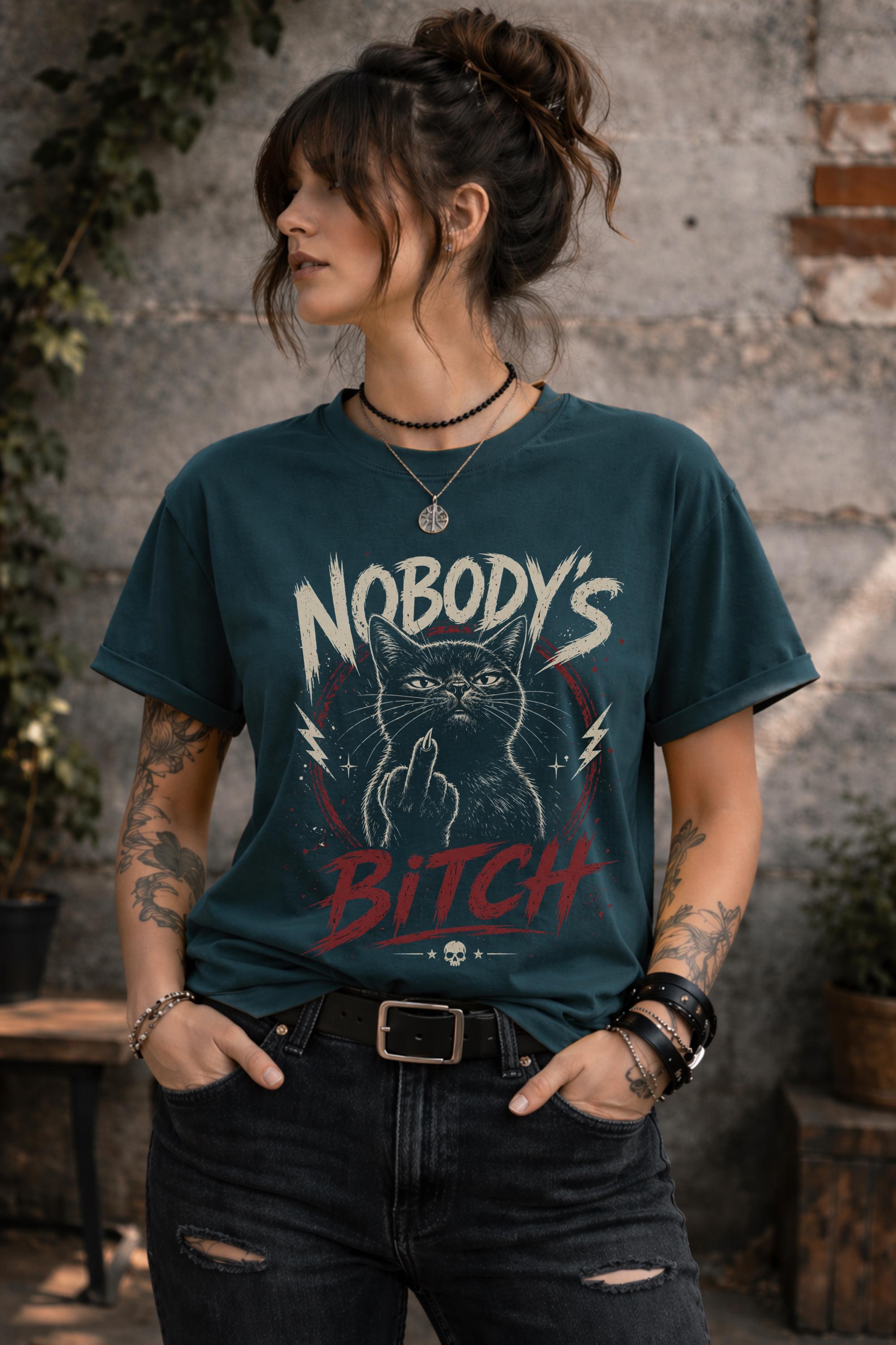 Close up of edgy cat illustration flipping off with bold text on dark shirt