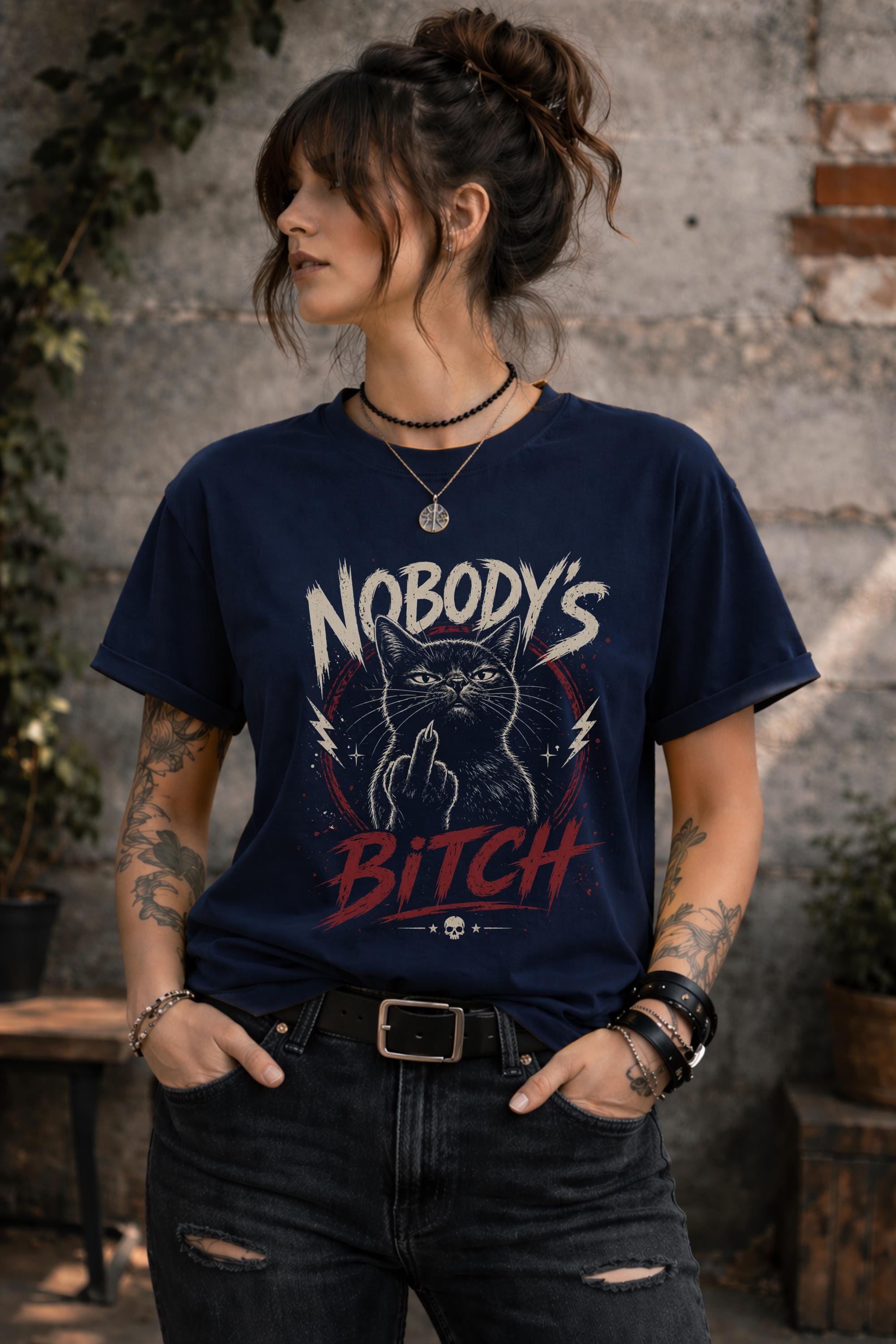 Close up of edgy cat illustration flipping off with bold text on dark shirt