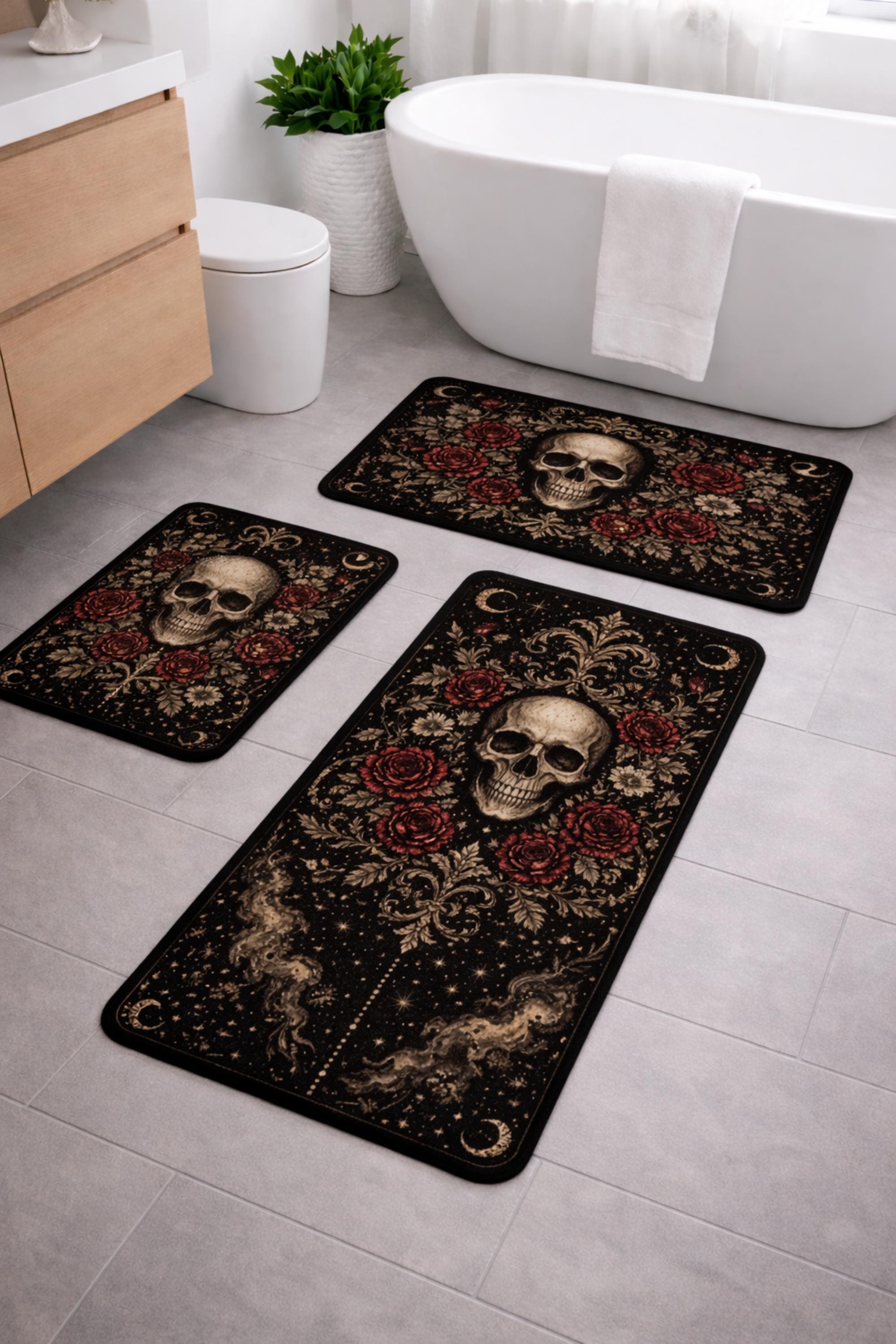 gothic skull bath mat set black and red roses